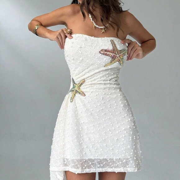 Elegant Women's Starfish Sequin Print Ruched Bandeau Mini Dress - Picture 2 of 7